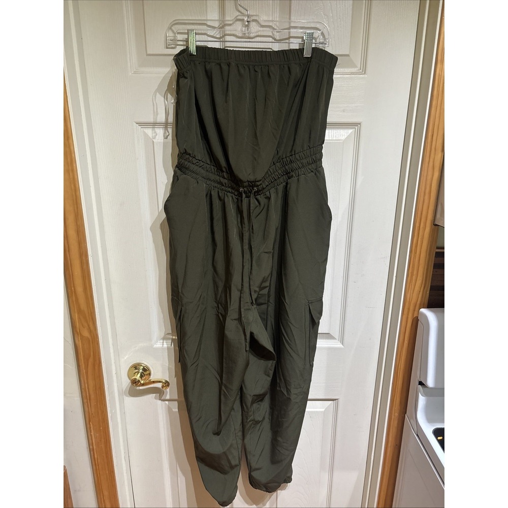 Mia Rose Strapless Jumpsuit‎ Plus Size 2X Cargo Pants Pockets Comfy Olive Green